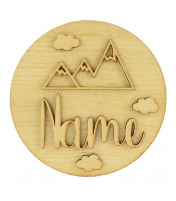 Laser Cut Oak Veneer Circle Plaque Personalised Name With Mountain Shapes